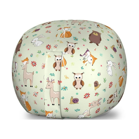 Animal Storage Toy Bag Chair, Woodland Concept Pattern with Forest Animals Deer Fox Bear Rabbit and Owl, Stuffed Animal Organizer Washable Bag, Small Size, Multicolor, by Ambesonne