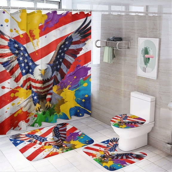 Animal Style Patterns Shower Curtain 4-Set Bald Eagle Print Bathroom Decor, Includes Bath Mat, Toilet Cover Mats, U-Shaped Mat And Shower Curtains 72inX72in