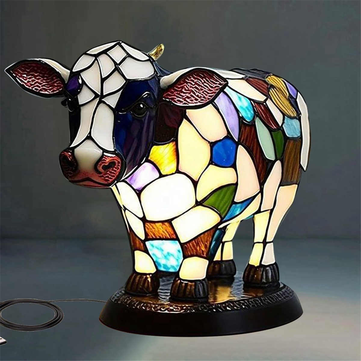 Animal Table Lamp, Multicolor Cow Bedside Table Lamp with USB Ports