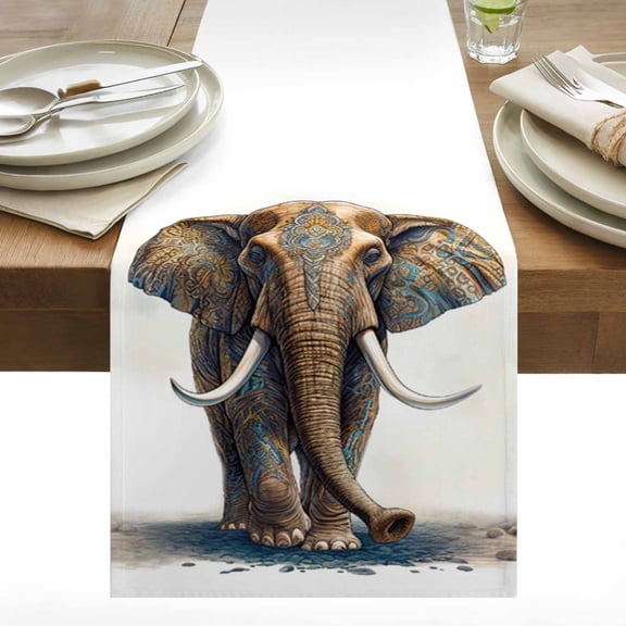 Animal Table Runner 13x36 inch Elephant Stone Ivory Ear Nose Retro Pattern Cotton Linen Dining Table Runner Ideal for Dresser Kitchen Coffee Tables - Machine Washable