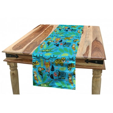 Animal Table Runner, Colorful Pattern of Various Jungle Animals in a Tropic Setting, Dining Room Kitchen Rectangular Runner, 3 Sizes, by Ambesonne