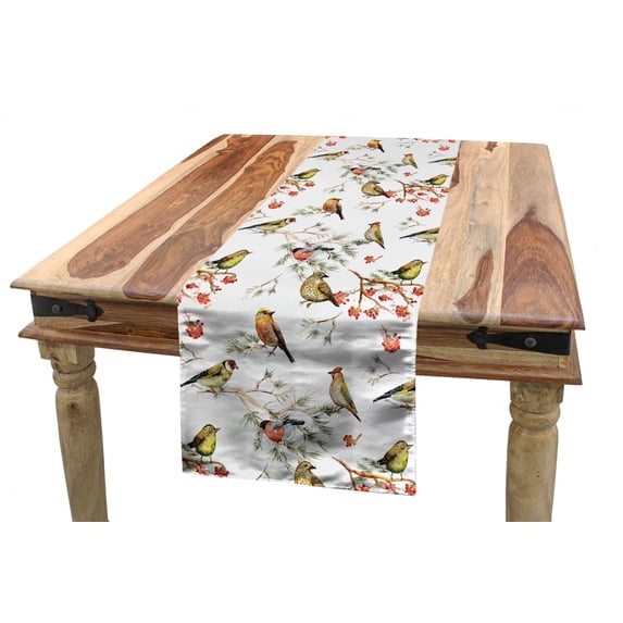 Animal Table Runner, Sparrows Birds Leaves Branches Pine Trees Watercolor Image Artwork, Dining Room Kitchen Rectangular Runner, 3 Sizes, by Ambesonne