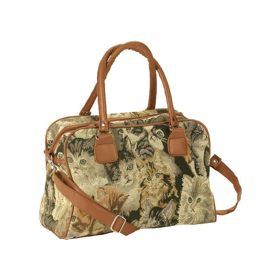 Animal Tapestry Barrel Handbag, Adjustable Straps, Zip Pocket and 2 Side Pockets, Silvetone Hardware - Measures 11" Wide x 8 3/4" High with 5 1/4" Gusset, Cat Design