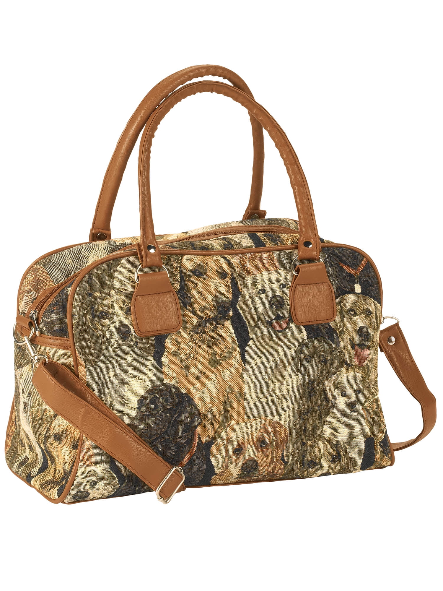 Animal Tapestry Barrel Handbag, Adjustable Straps, Zip Pocket and 2 Side Pockets, Silvetone Hardware - Measures 11" Wide x 8 3/4" High with 5 1/4" Gusset, Dog Design