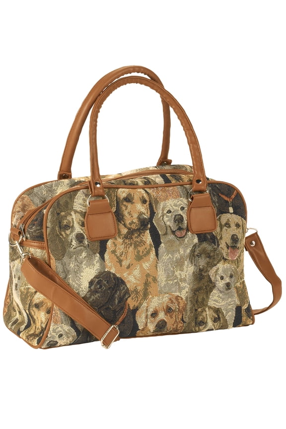 Animal Tapestry Barrel Handbag, Adjustable Straps, Zip Pocket and 2 Side Pockets, Silvetone Hardware - Measures 11" Wide x 8 3/4" High with 5 1/4" Gusset, Dog Design