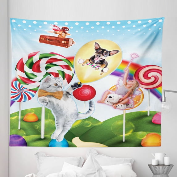 Animal Tapestry, Colorful Fantasy Land Rainbow Candy Trees Cat Dog Girl Boy Flying in Suitcase, Fabric Wall Hanging Decor for Bedroom Living Room Dorm, 5 Sizes, Multicolor, by Ambesonne