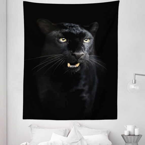 Animal Tapestry, Focused Photo of Leopard Panther on Dark Background Savage Wild Big Cat, Fabric Wall Hanging Decor for Bedroom Living Room Dorm, 5 Sizes, Yellow and Dark Grey, by Ambesonne