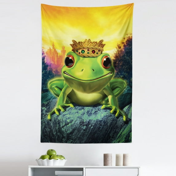 Animal Tapestry, Frog Prince with Golden Yellow Crown on Rocks Soul Mates Illustration, Fabric Wall Hanging Decor for Bedroom Living Room Dorm, 5 Sizes, Green Yellow, by Ambesonne