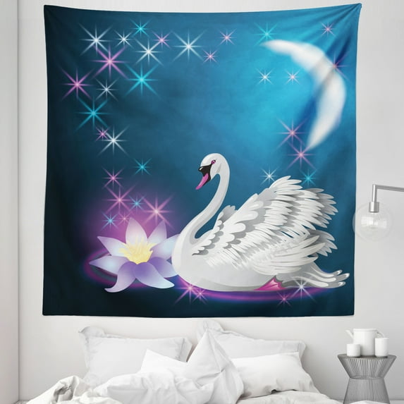 Animal Tapestry, Magic Lily and Swan at Night Swimming in Lake Under Moon and Stars Picture Art, Fabric Wall Hanging Decor for Bedroom Living Room Dorm, 5 Sizes, Blue White, by Ambesonne