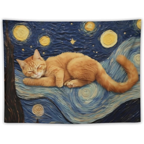 Animal Tapestry Sleep Cat Starry Night Wall Hanging Aesthetic Decoration For Bedroom Living Room Wall Art Tapestries 30"x40"