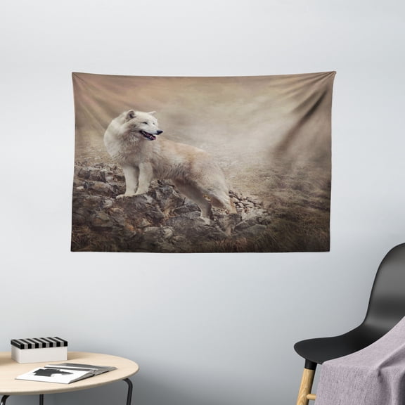 Animal Tapestry, White Wolf on Rocks at the Night Hazy Misty Weather Wildlife Nature Scenery, Wall Hanging for Bedroom Living Room Dorm Decor, 60W X 40L Inches, Tan White Grey, by Ambesonne