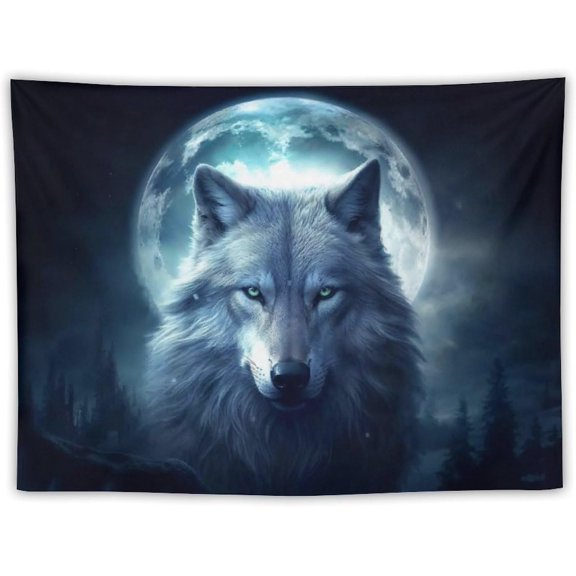 Animal Tapestry Wolf Moon On Dark Night Wall Hanging Aesthetic Decoration For Bedroom Living Room Wall Art Tapestries 30"x40"
