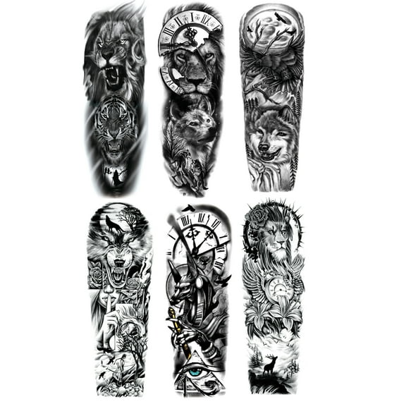 Animal Tattoos Sleeve, 6-Sheet Fake Lion Wolf Temorary Tatto Stickers for Men Women