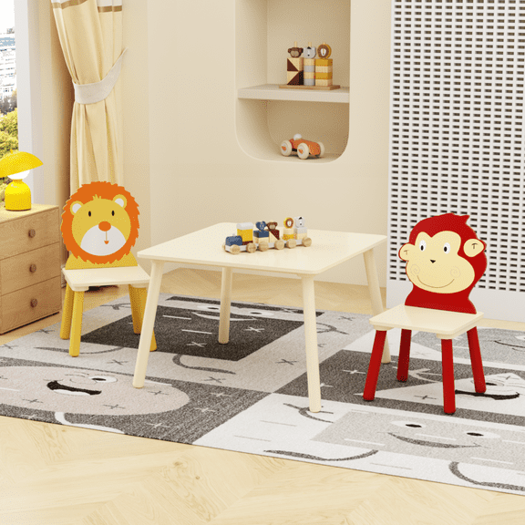 Animal Theme Children's Table and 2 Chair Set with Anti-Collision, Solid Wood Table and Chair Set with Animal Patterns, for Playtime, Arts, Crafts, Reading, Lion and Monkey