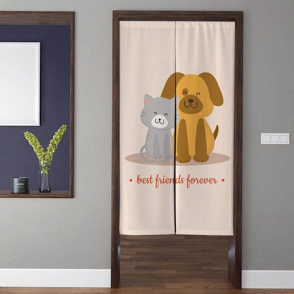Animal Theme Noren Door Curtain,Smiling Kitten and Puppy Pattern Doorway Curtain, For Kitchen Partition Bedroom Door Privacy Decor