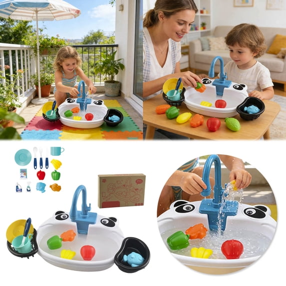 Animal Theme Play Sink Kitchen Playset With Running Water Rotating Faucet Play Food & Utensils(White-40Cm)