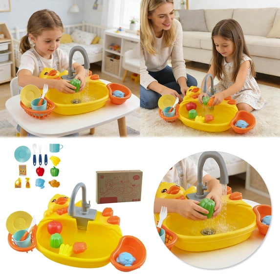 Animal Theme Play Sink Kitchen Playset With Running Water Rotating Faucet Play Food & Utensils(Yellow-40Cm)