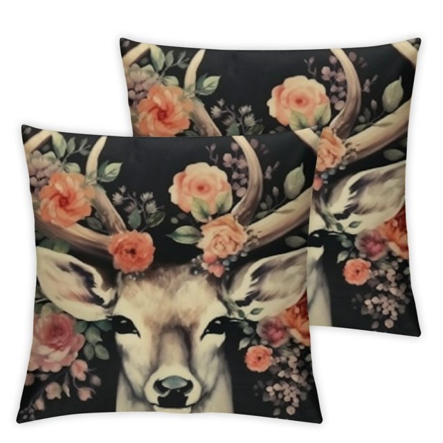 Animal Theme Throw Pillow Covers Antelope Head Wearing Flowers Square Home Decorative Pillow