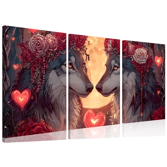 Animal Theme Wolf Couple With Roses Canvas Print 3 Piece Set, Beautiful Wall Art, Perfect Home Decoration Gift, 12x16 Inch