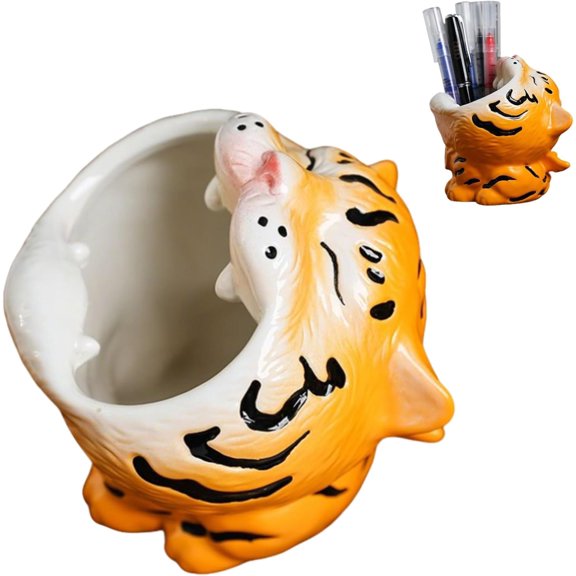 Animal-Themed Ceramic Tiger Stripe Pen Holder, Desktop Organizer Cup for Office and Home, Multi-Functional Makeup Brush and Art Supply Storage Container