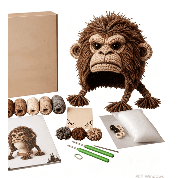 Animal Themed Crochet Hat Kit for Beginners, Complete DIY Earflap Beanie Knitting Craft Set with All Yarn & Tools, Halloween Handmade Hat Making Supplies, Creative Gift for Adults Beginner (Monkey)