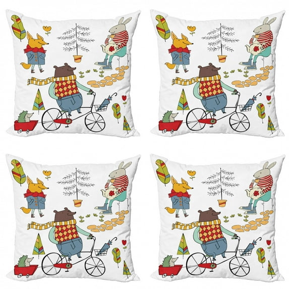 Ambesonne Animal Throw Pillow Cover 4 Pack, Urban Forest Characters, 16", Multicolor
