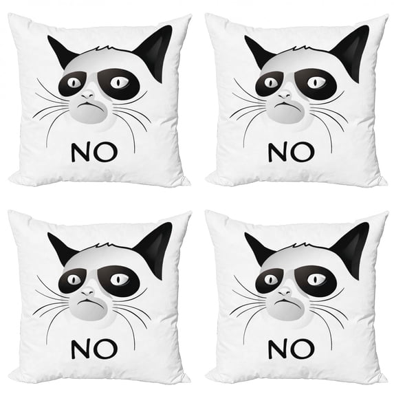 Ambesonne Animal Throw Pillow Cover 4 Pack, Grumpy Face Famous Cat, 24", Black and White