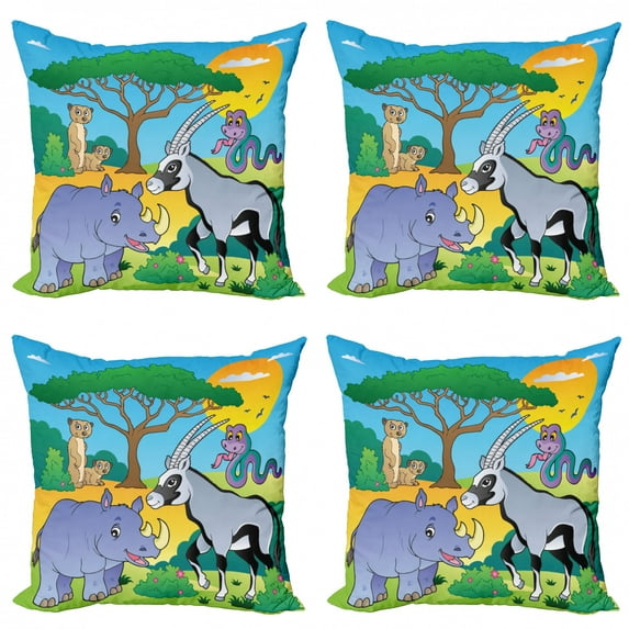 Animal Throw Pillow Cushion Case Pack of 4, Childish Cartoon Image of Savannah Organisms Fauna Antelope Snake and Meerkat Print, Modern Accent Double-Sided Print, 4 Sizes, Multicolor, by Ambesonne
