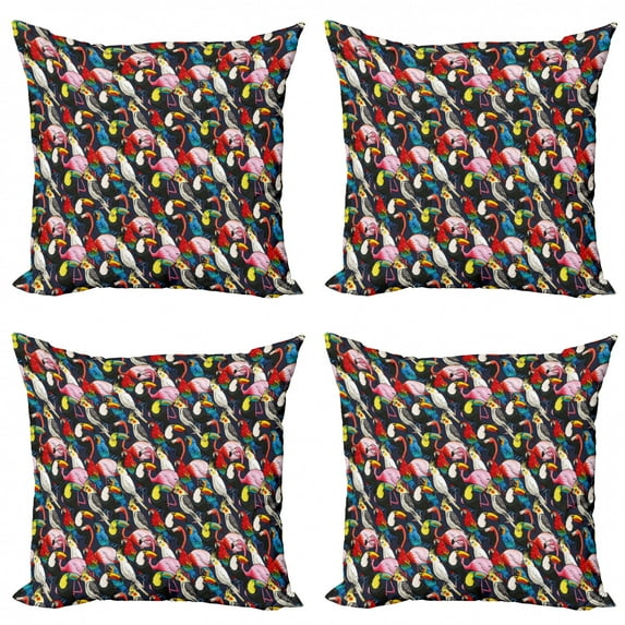 Ambesonne Animal Throw Pillow Cover 4 Pack, Colorful Exotic Birds, 16", Multicolor