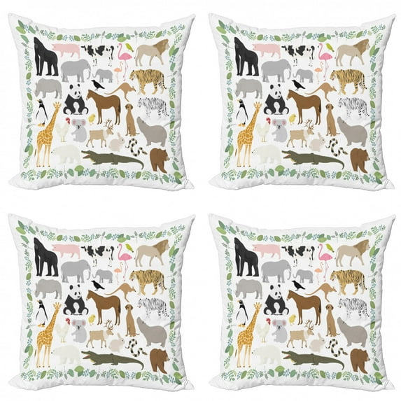 Animal Throw Pillow Cushion Case Pack of 4, Various Forest Creatures with Leaves Around as Frame Design, Modern Accent Double-Sided Print, 4 Sizes, Multicolor, by Ambesonne