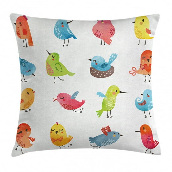 Animal Throw Pillow Cushion Cover, Colorful Cute Birds Watercolor Effect Humor Funny Mascots Paint Brush Art Kids Design, Decorative Square Accent Pillow Case, 24 X 24 Inches, Multi, by Ambesonne