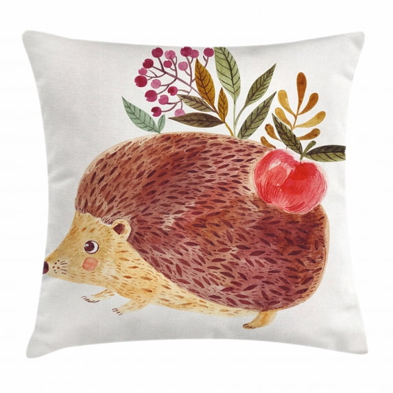 Animal Throw Pillow Cushion Cover, Cute Hand Painted Illustration with Adorable Hedgehog with Flowers in Watercolors, Decorative Square Accent Pillow Case, 16 X 16 Inches, Multicolor, by Ambesonne