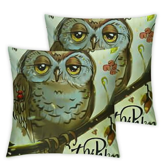 Animal Throw Pillow Cushion Cover, Little Birds Owl Worm and Sparrow and Flowers with Thank You Words Artwork Print, Decorative Square Accent Pillow Case, Green