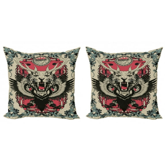 Ambesonne Animal Throw Pillow Cover 2 Pack, Leopard Head Horns Wings, 24", Multicolor