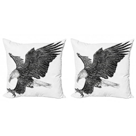Ambesonne Animal Throw Pillow Cover 2 Pack, Bald Eagle Swoop Sketchy, 20", Black Pale Grey