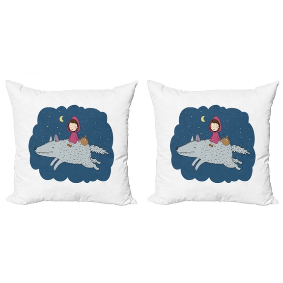 Animal Throw Pillow Cushion Cover Pack of 2, Cartoon Kid in a Pink Hood and Basket on a Giant Wolf Running in the Starry Night, Zippered Double-Side Digital Print, 4 Sizes, Multicolor, by Ambesonne