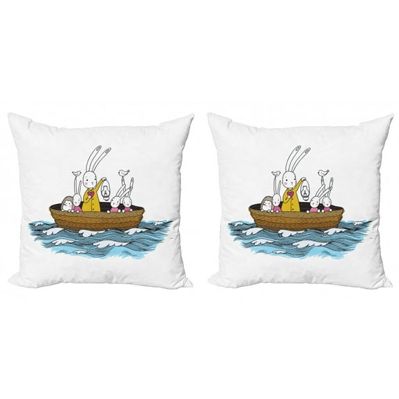 Ambesonne Animal Throw Pillow Cover 2 Pack, Cartoon Hares Hedgehog, 16", Multicolor
