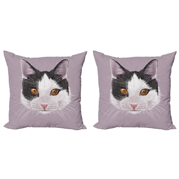 Ambesonne Animal Throw Pillow Cover 2 Pack, Pet Cat Kitty Portrait, 20", Lilac Black White