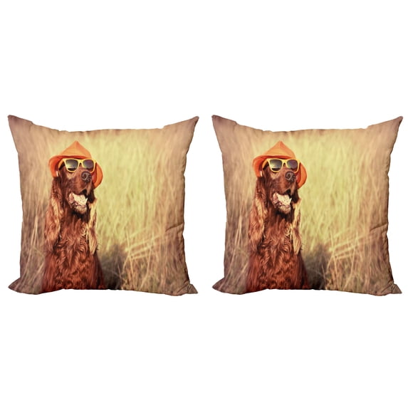 Ambesonne Animal Throw Pillow Cover 2 Pack, Dog Wearing Hat Glasses, 18", Redbrown Tan