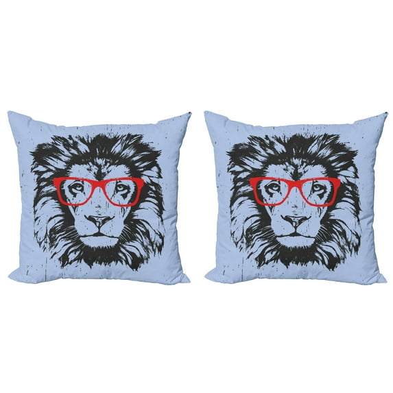 Ambesonne Animal Throw Pillow Cover 2 Pack, Lion and Hipster Glasses, 24", Blue Black Red