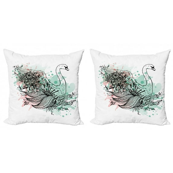 Ambesonne Animal Throw Pillow Cover 2 Pack, Sketchy Swan Watercolors, 16", Mint Green Pale Pink