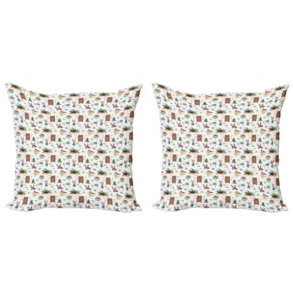 Ambesonne Animal Throw Pillow Cover 2 Pack, Cheerful Woodland Cartoon, 18", Multicolor