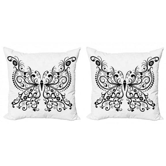 Ambesonne Animal Throw Pillow Cover 2 Pack, Swirled Wing with Flower, 18", White and Black