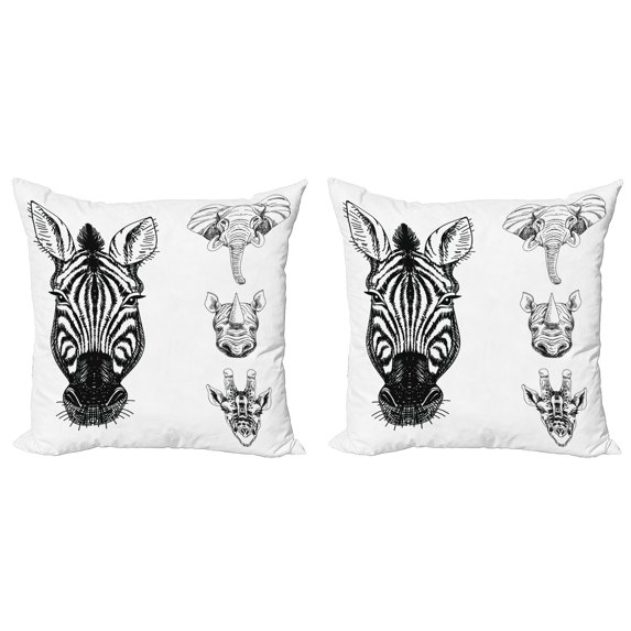 Ambesonne Animal Throw Pillow Cover 2 Pack, Savannah Wildlife Sketch, 16", White and Black