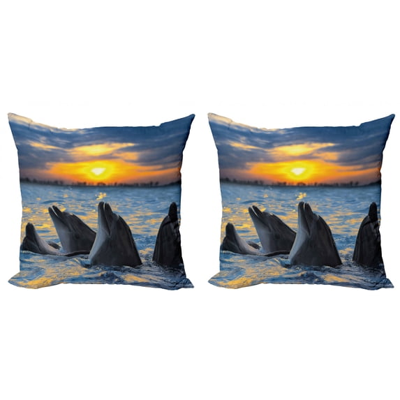 Ambesonne Animal Throw Pillow Cover 2 Pack, Bottle Nosed Dolphins, 20", Blue Grey Orange