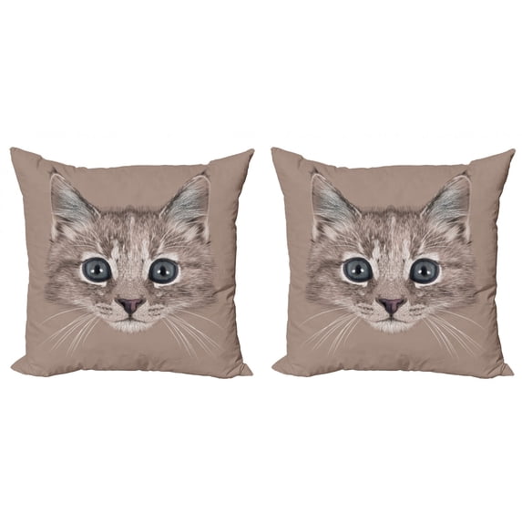 Ambesonne Animal Throw Pillow Cover 2 Pack, Domestic Cat Face, 18", Bluegrey Umber Brown
