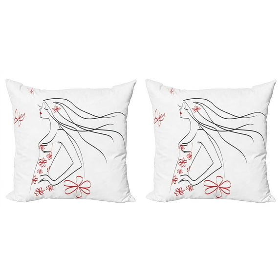 Ambesonne Animal Throw Pillow Cover 2 Pack, Girl Flowers Butterfly, 24", Charcoal Grey Vermilion