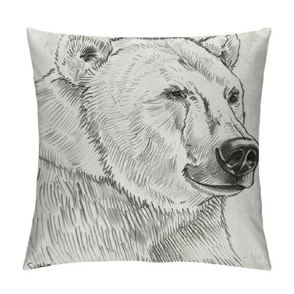 Animal Throw Pillow Cushion Cover, Polar Bear Profile Engraved Ink Drawing Grizzly Furry Wildlife in North Zoo, Decorative Square Accent Pillow Case, Charcoal Grey