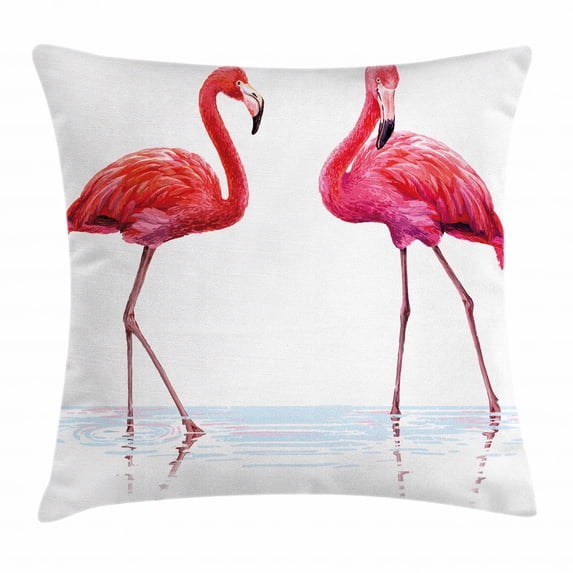 Animal Throw Pillow Cushion Cover, Two Hand Drawn Flamingos in Pink Colors on Seaside Tropical Exotic Wildlife Artwork, Decorative Square Accent Pillow Case, 24 X 24 Inches, Red Pink, by Ambesonne