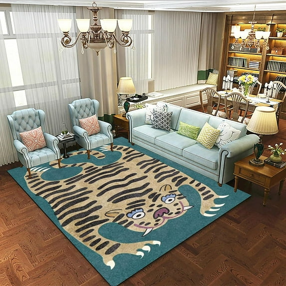 Animal Tiger Area Rug, Vintage Boho Animal Tiger Print Pattern Green Rugs, Colorful Moroccan Soft Washable Non-Slip Rug for Living Room Classroom Nursery Decor 3x5ft
